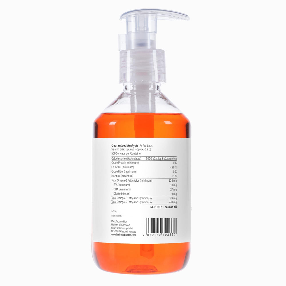 Hofseth BioCare salmon oil for dogs 16.9 oz bottle ready to use.