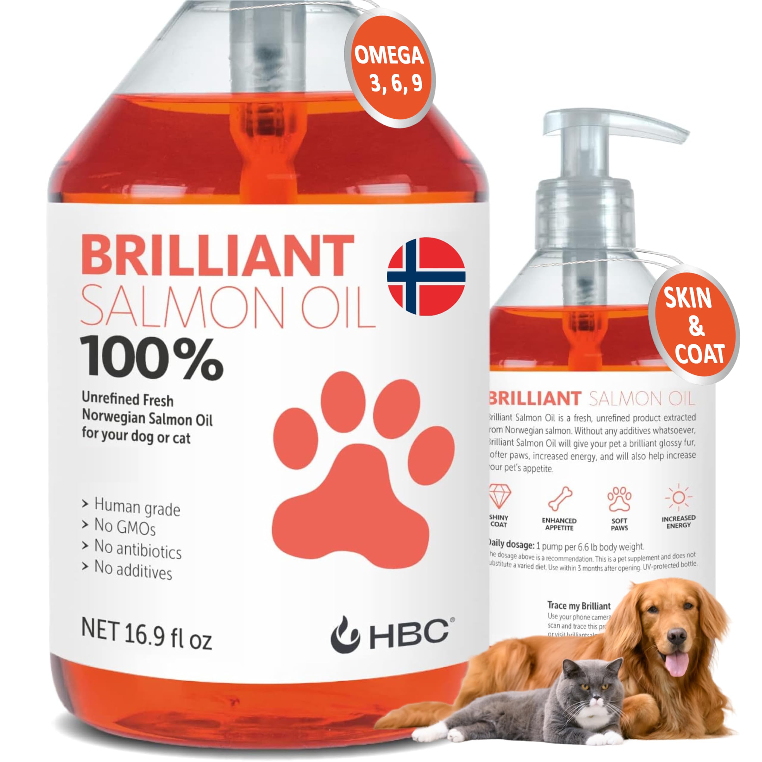 Hofseth BioCare salmon oil for dogs bottle promotes healthy skin and coat.
