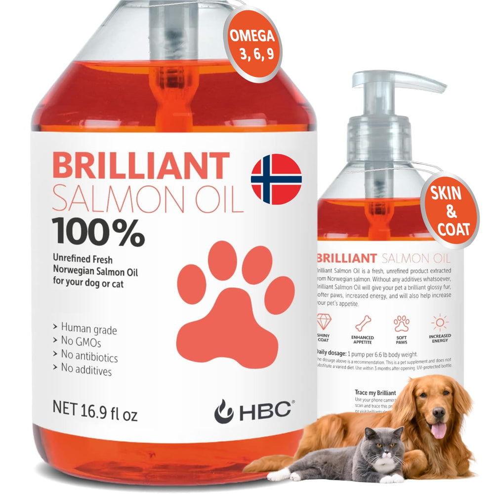 Hofseth BioCare salmon oil for dogs bottle promotes healthy skin and coat.