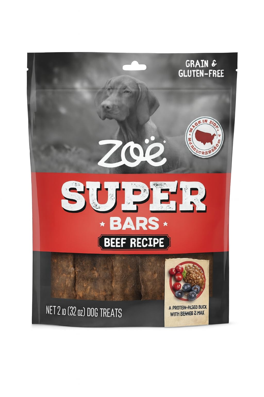 Hoiyen Zoe Super Bars beef-recipe bag front shows protein-packed dog treats for active dogs