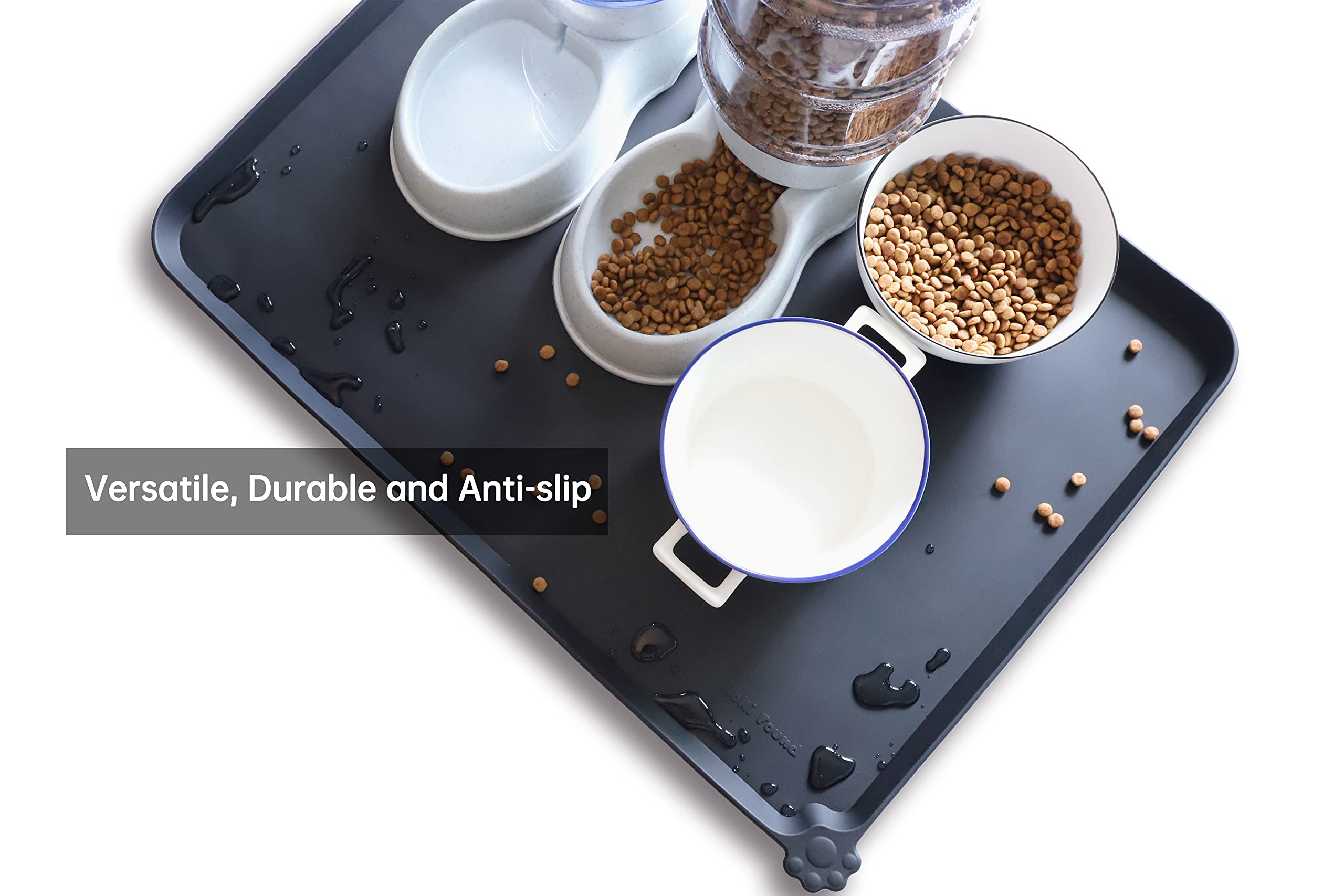 Hoki Found black silicone pet mat is dishwasher-safe and travel-friendly.