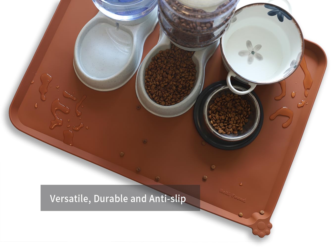 Hoki Found dishwasher-safe pet mat caramel demonstrates easy cleaning and portability.