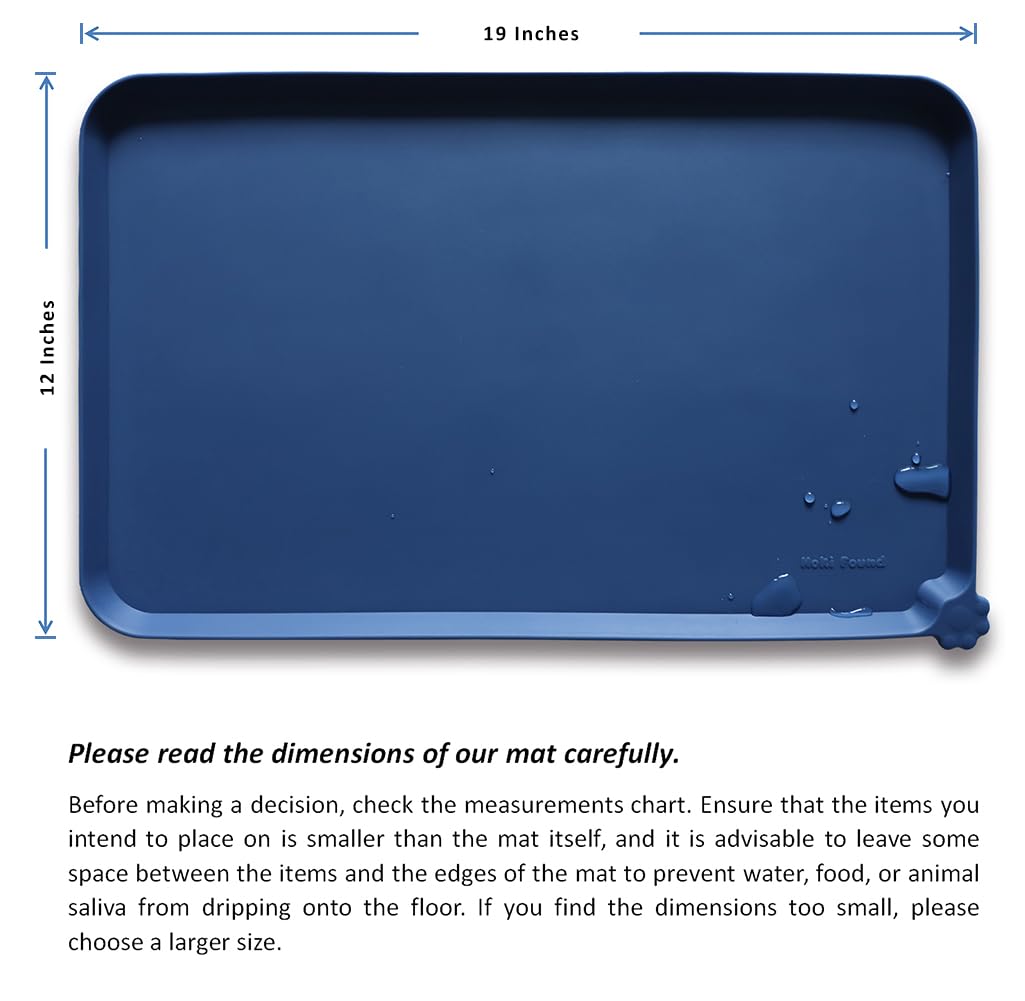 Hoki Found Indigo Ink raised-edge mat travels well for pet meals away from home.