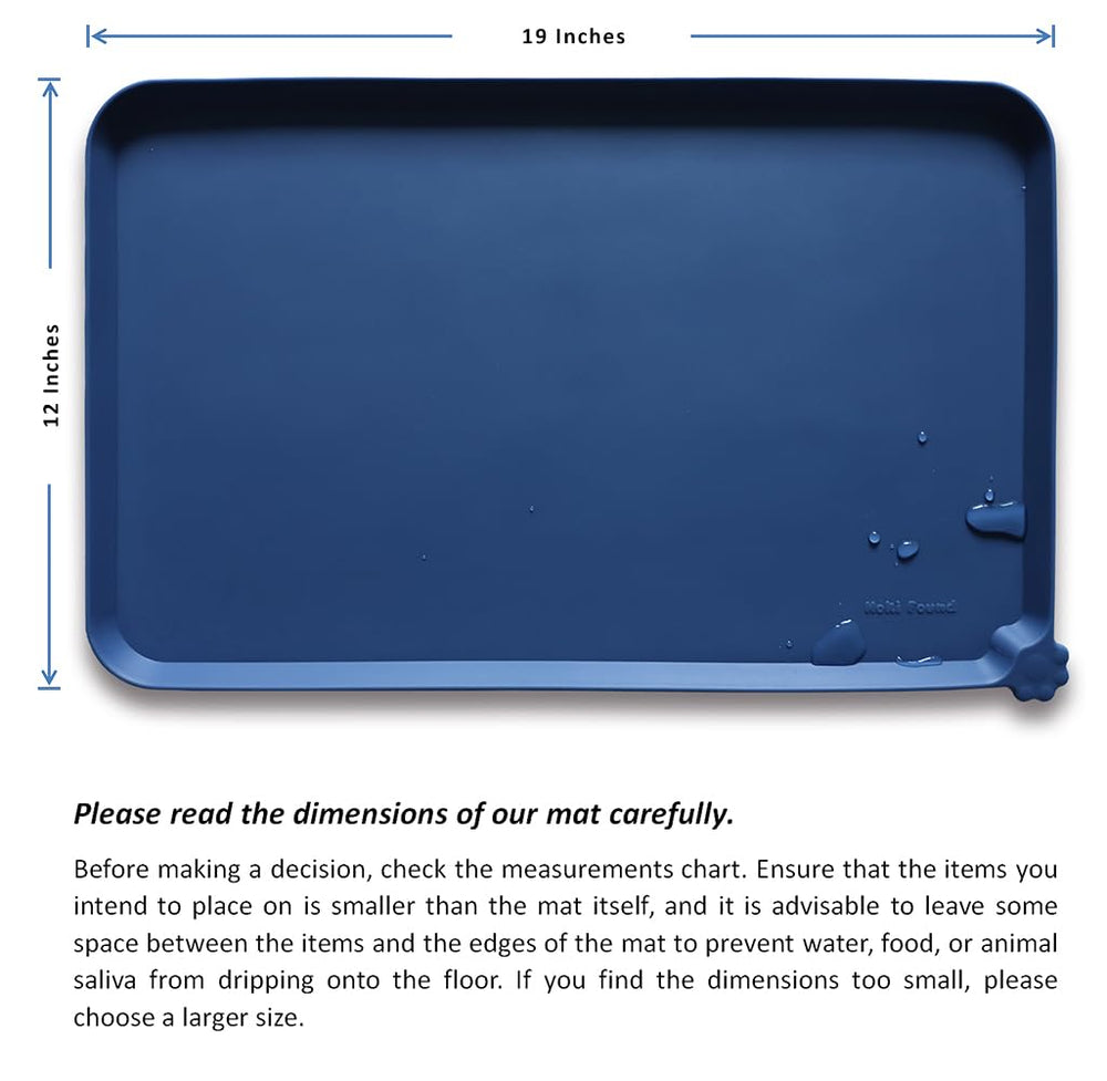 Hoki Found Indigo Ink raised-edge mat travels well for pet meals away from home.