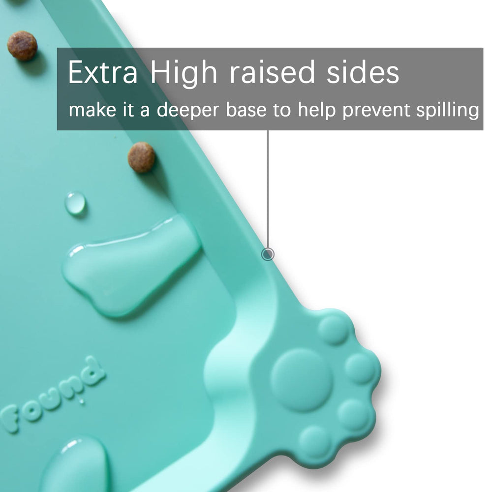Hoki Found L silicone non-slip pet food mats on carpet setup reduces spills and mess.