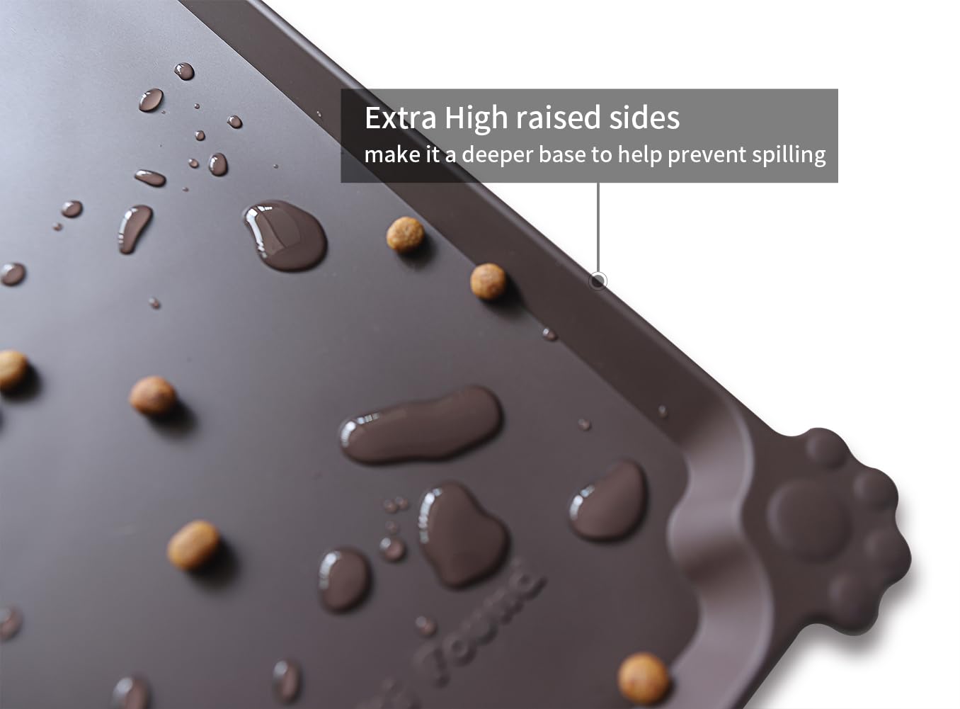 Hoki Found dark oak edge closeup highlights extra-high lip to prevent spills.