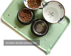 Hoki Found feeding mat with bowls prevents floor mess during meals.