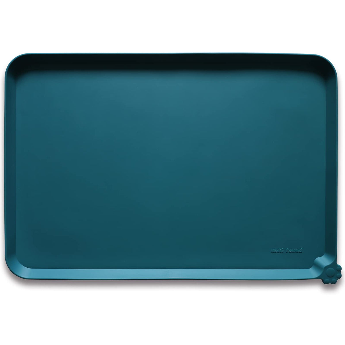 Hoki Found large silicone pet food mat in Sicilian Ocean color, flat angle showing clean feeding surface.