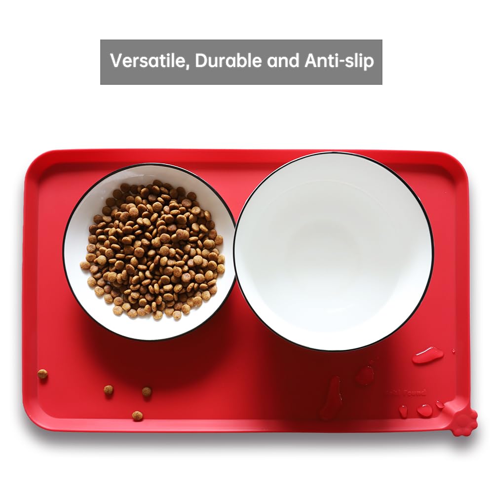 Hoki Found classic red mat beneath two bowls demonstrates easy cleanup and organization.