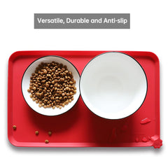 Hoki Found classic red mat beneath two bowls demonstrates easy cleanup and organization.