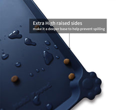 Hoki Found silicone pet food mats side edge emphasizes raised lip for spills containment on floors.