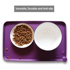 Hoki Found Eggplant mat with pets illustrates versatile mealtime use
