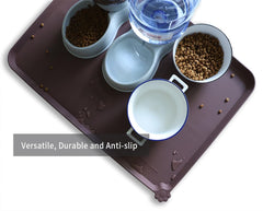 Hoki Found X-Large Silicone Non-Slip Pet Feeding Mat dark oak color in use protects floors during feeding