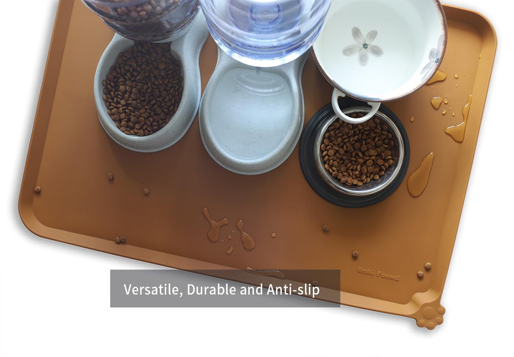 Hoki Found X-Large silicone pet feeding mat on carpet shows easy cleanup after meals.