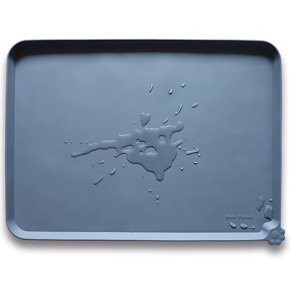 Hoki Found X-Large silicone pet food mat gray, front view reduces spills and keeps floors clean.