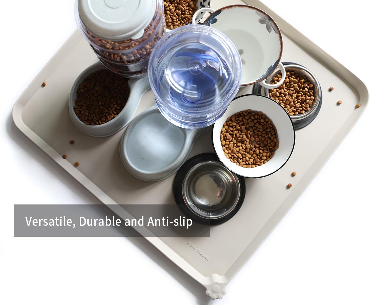 Hoki Found cream brown feeding mat on carpet provides waterproof durability and easy cleanups.