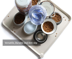 Hoki Found cream brown feeding mat on carpet provides waterproof durability and easy cleanups.