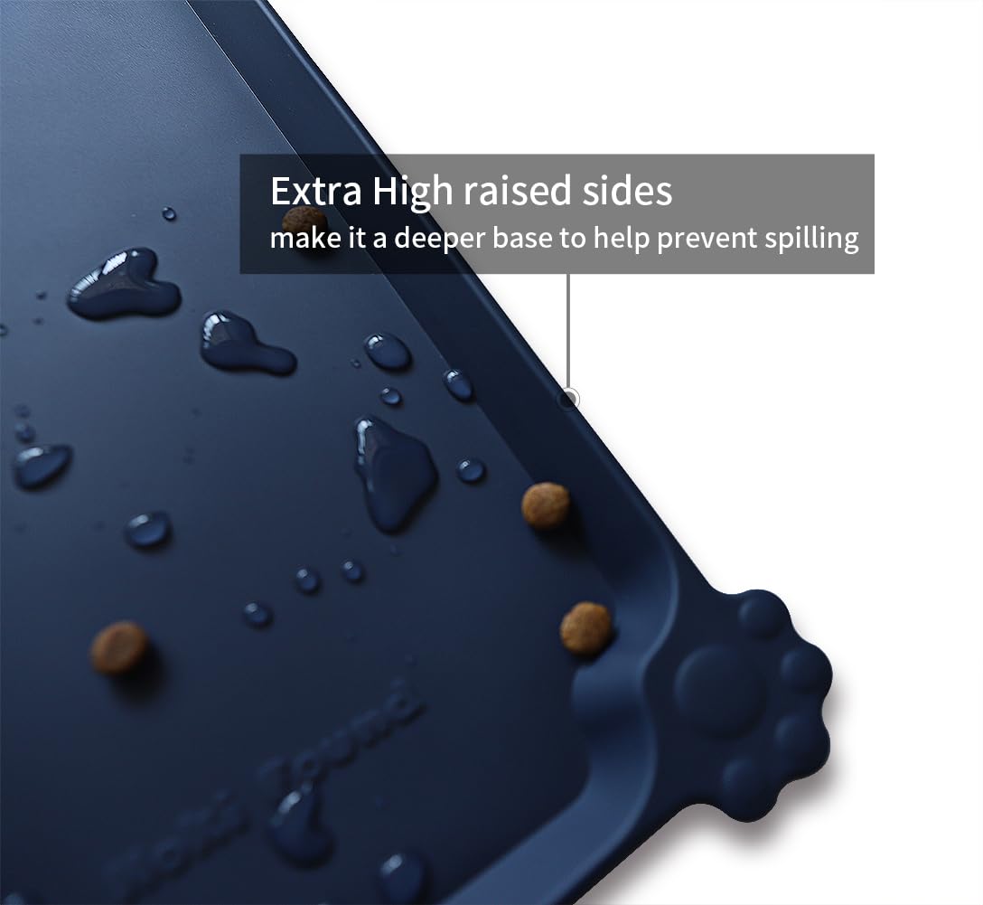 Hoki Found L silicone non-slip pet bowl mat, raised edge prevents spills during meals.