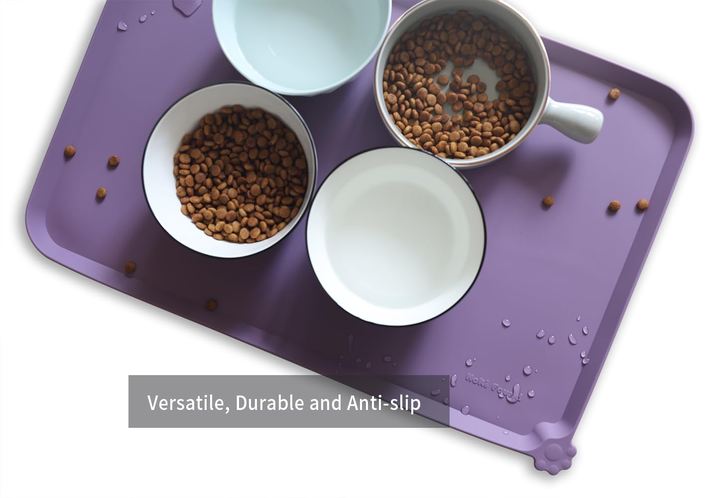 Hoki Found L Amethyst feeding mat on carpet protects floors from mess