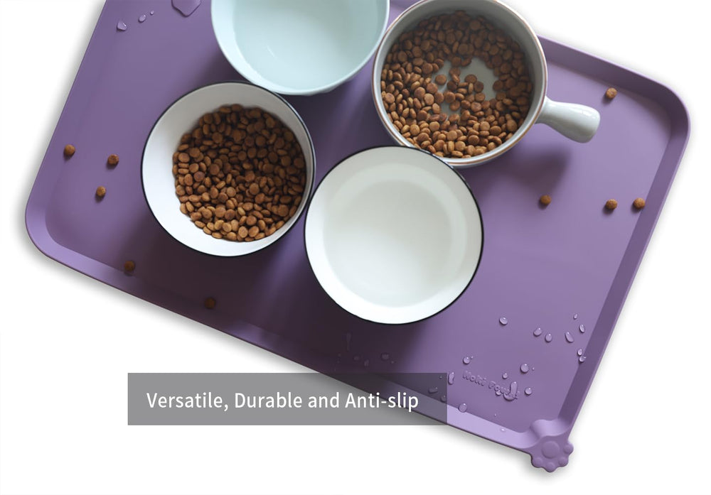 Hoki Found L Amethyst feeding mat on carpet protects floors from mess
