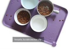 Hoki Found L Amethyst feeding mat on carpet protects floors from mess