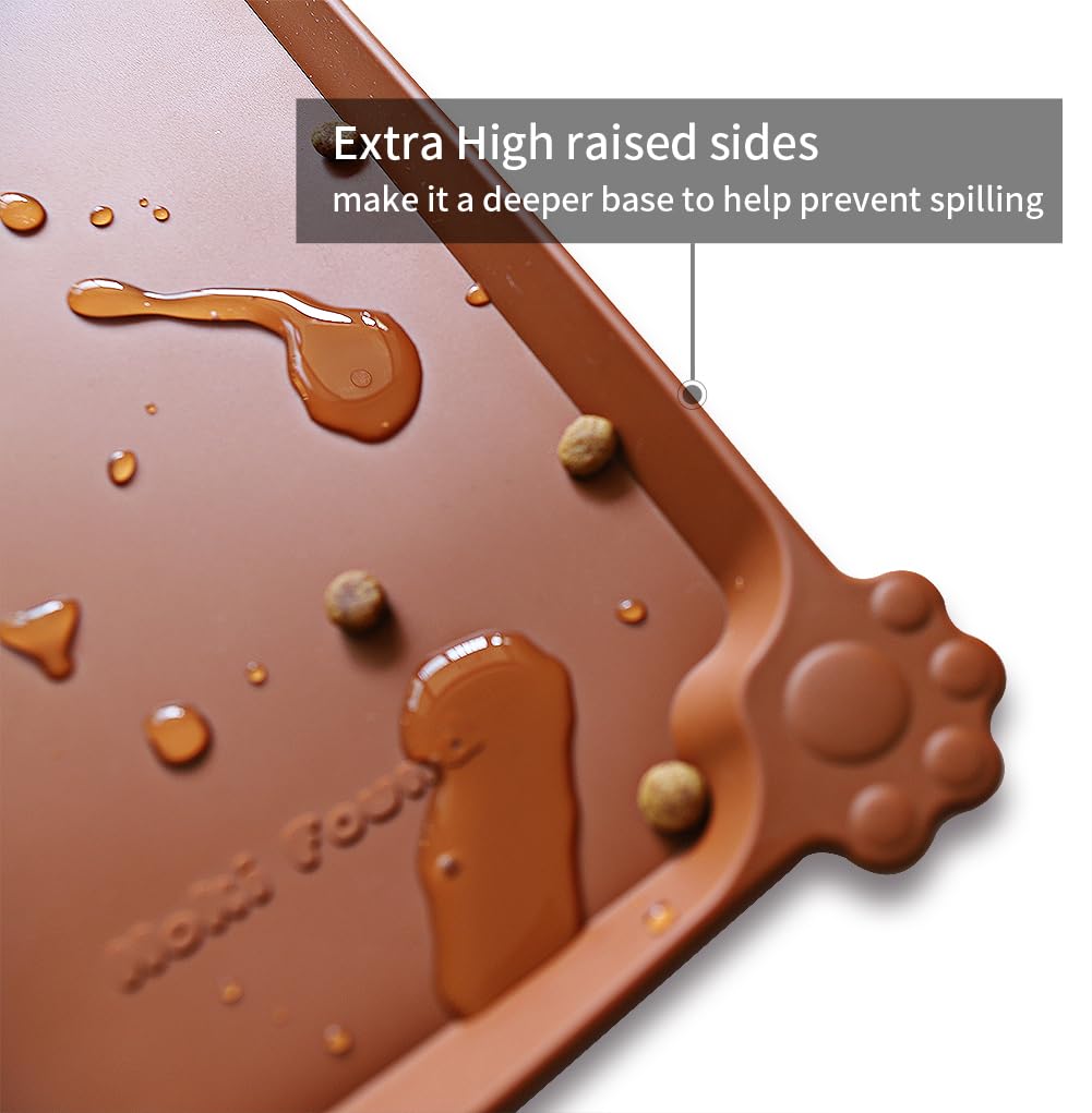 Hoki Found silicone pet food tray side view highlighting raised edge to prevent spills