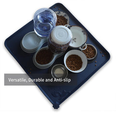 Hoki Found XX-Large silicone pet food mat on carpet demonstrating spill containment