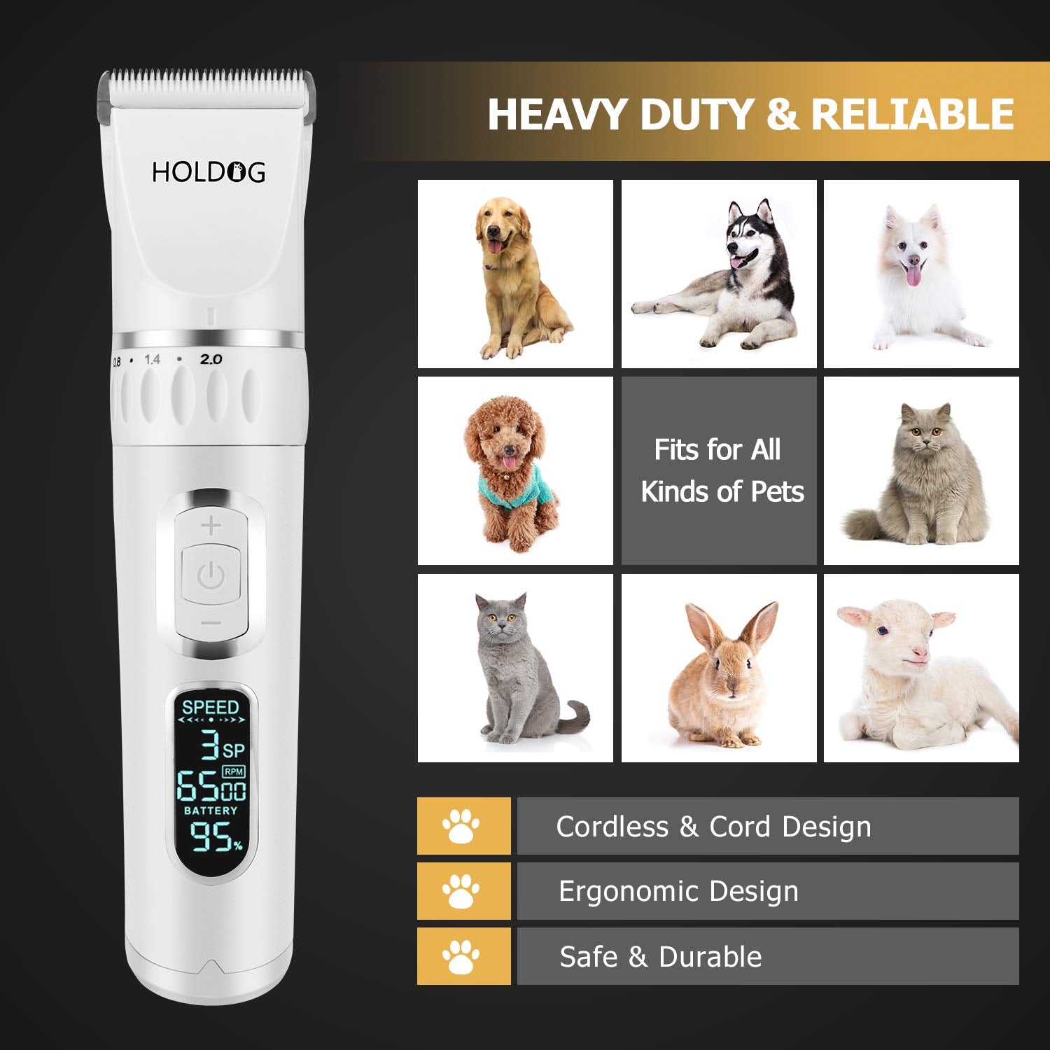 HOLDOG dog clippers with 3-speed settings tailor trimming power to coat type