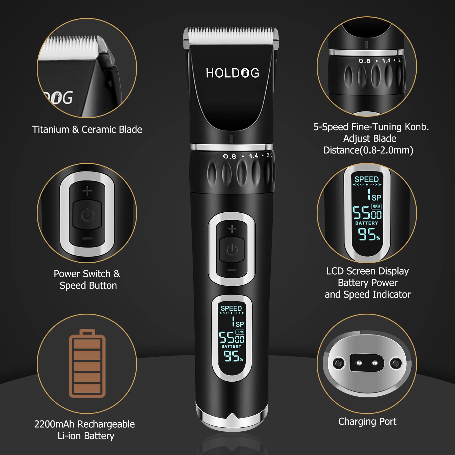 HOLDOG dog clippers side view emphasizes ergonomic grip for long sessions