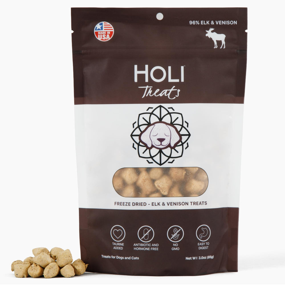 HOLI Elk & Venison freeze-dried dog treats packaging shows USA-made quality