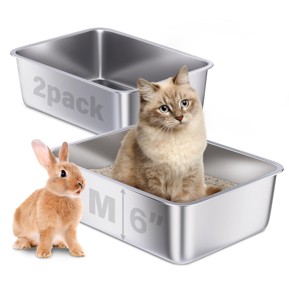 Holintan stainless steel litter box 2-pack front view shows easy cleaning and odor control.