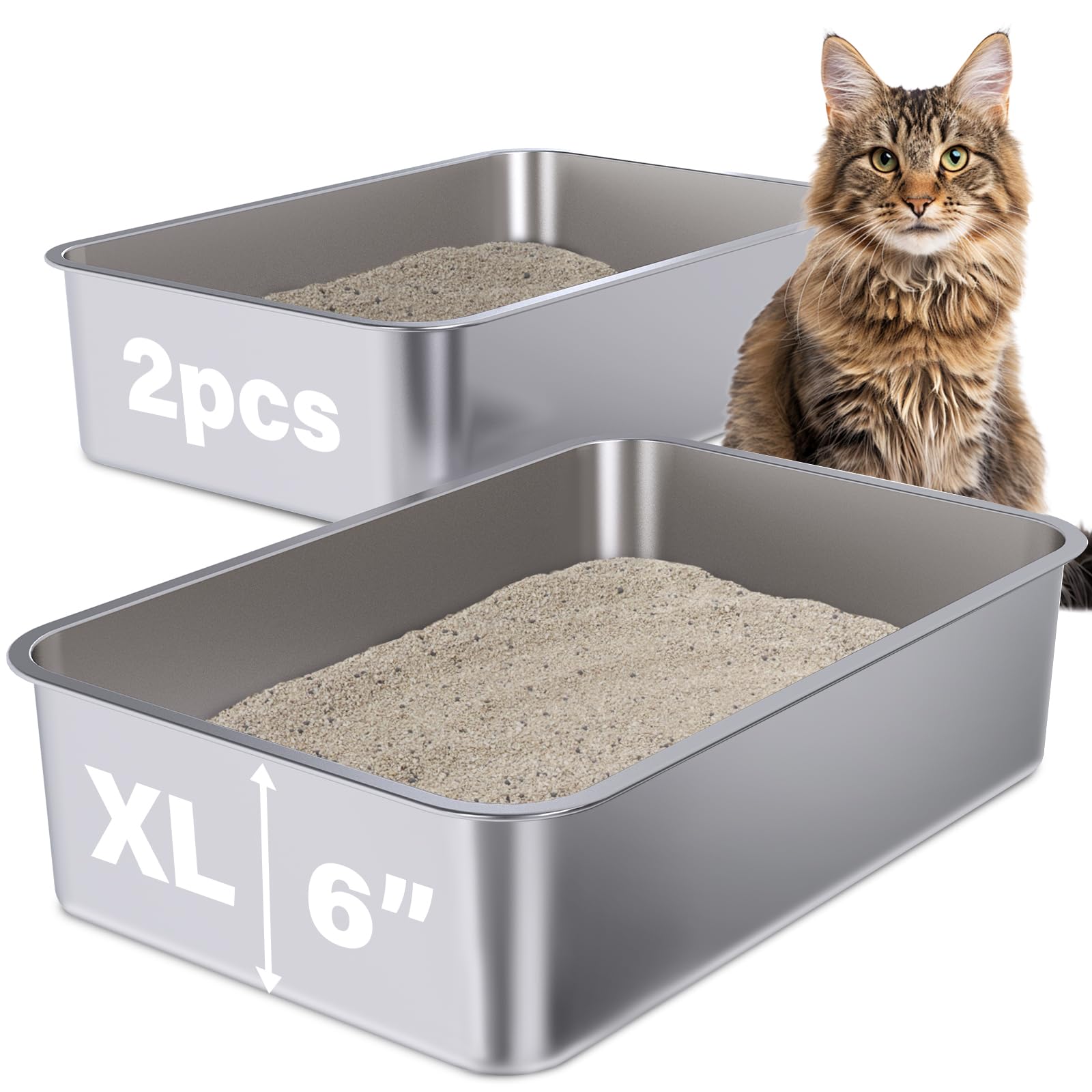 Holintan two-pack litter box overview image shows durable rust-resistant design for multi-cat homes.