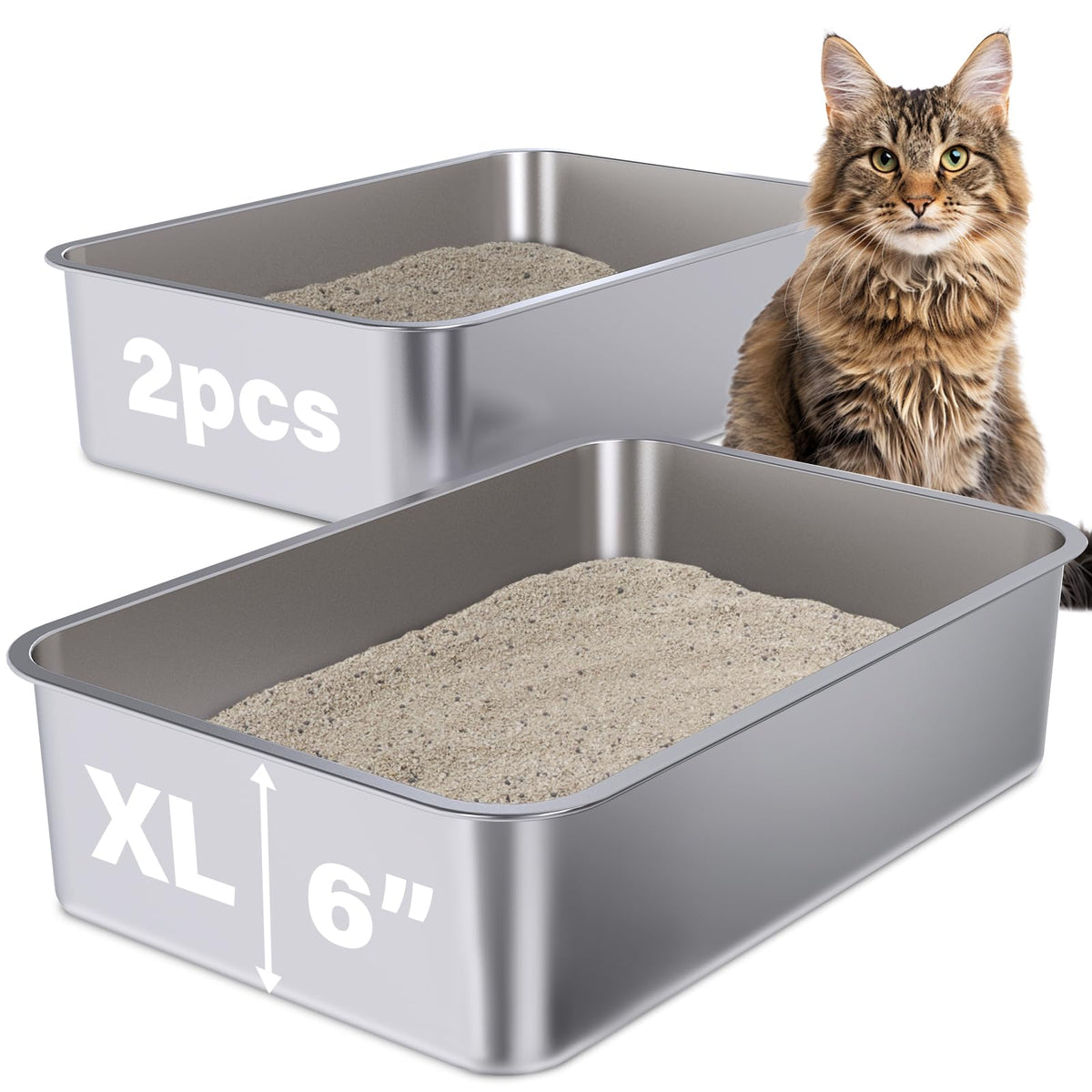 Holintan two-pack litter box overview image shows durable rust-resistant design for multi-cat homes.