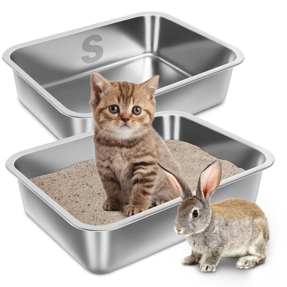 Holintan stainless-steel litter box kitten-entry view, two-pack for easy replacement and multi-pet use.