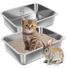 Holintan stainless-steel litter box kitten-entry view, two-pack for easy replacement and multi-pet use.