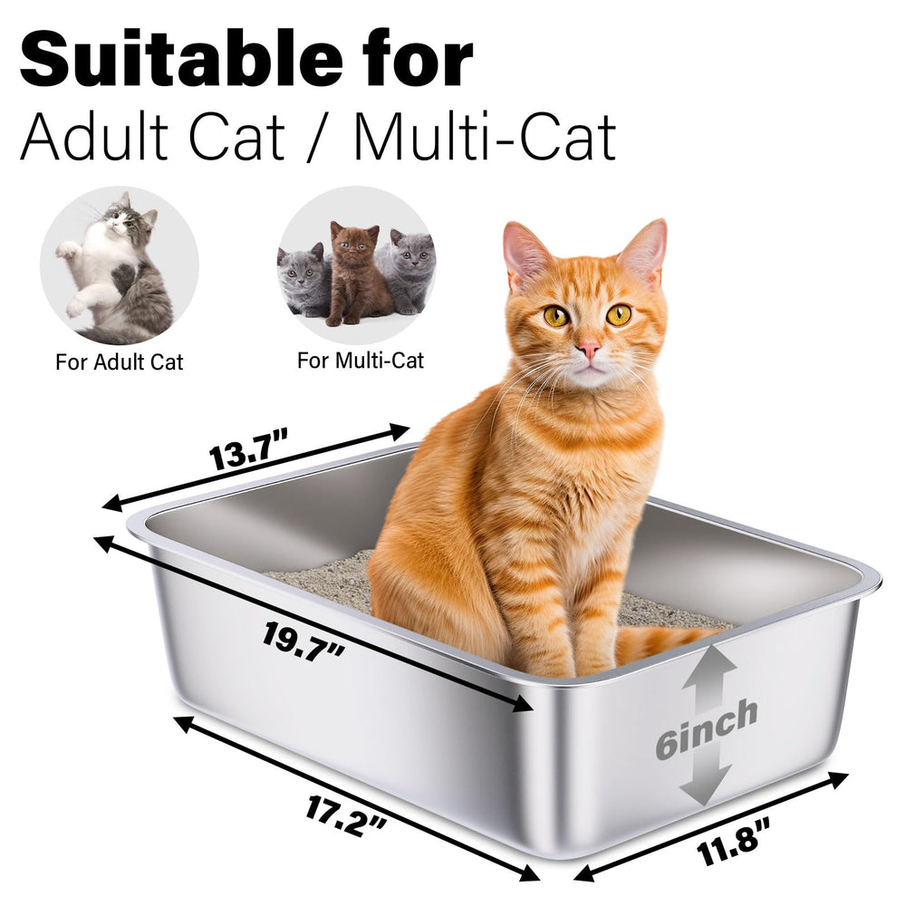 Holintan stainless steel litter box with high sides for adult cats.