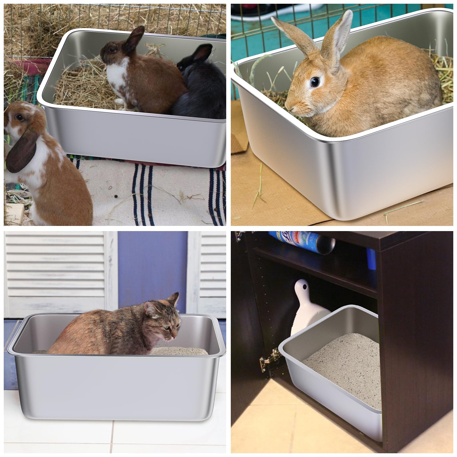 Holintan stainless steel litter box rabbits usage image highlights versatile use for small pets.