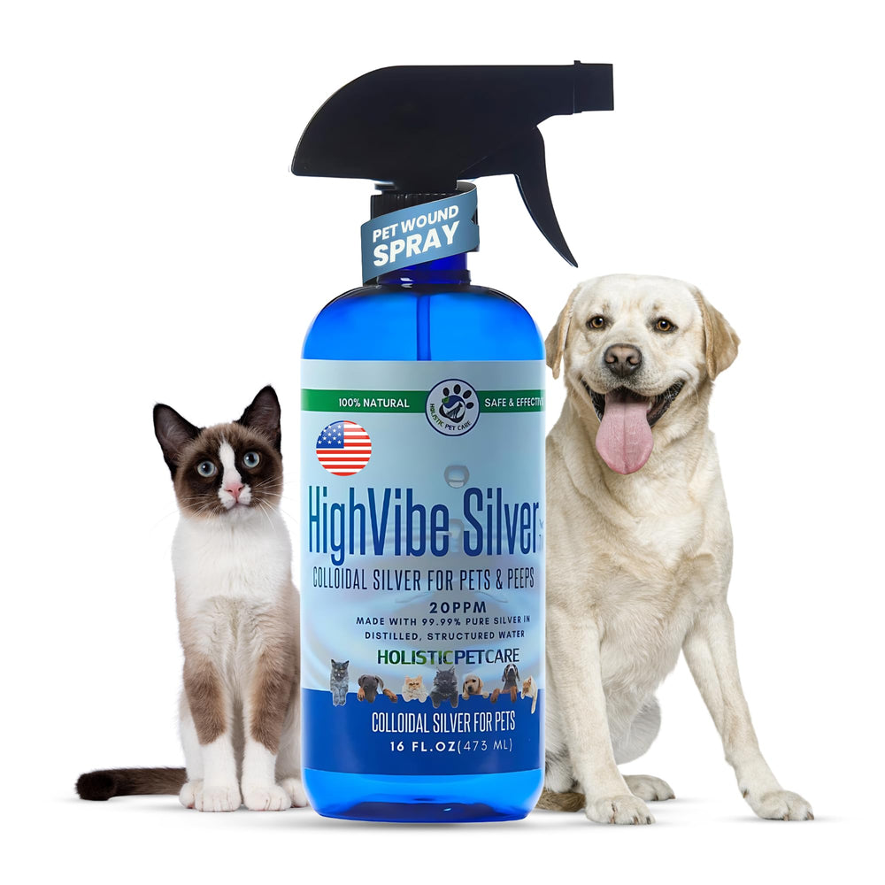 Holistic Pet Care Colloidal Silver Spray bottle label showing all-natural formula for pet skin comfort.