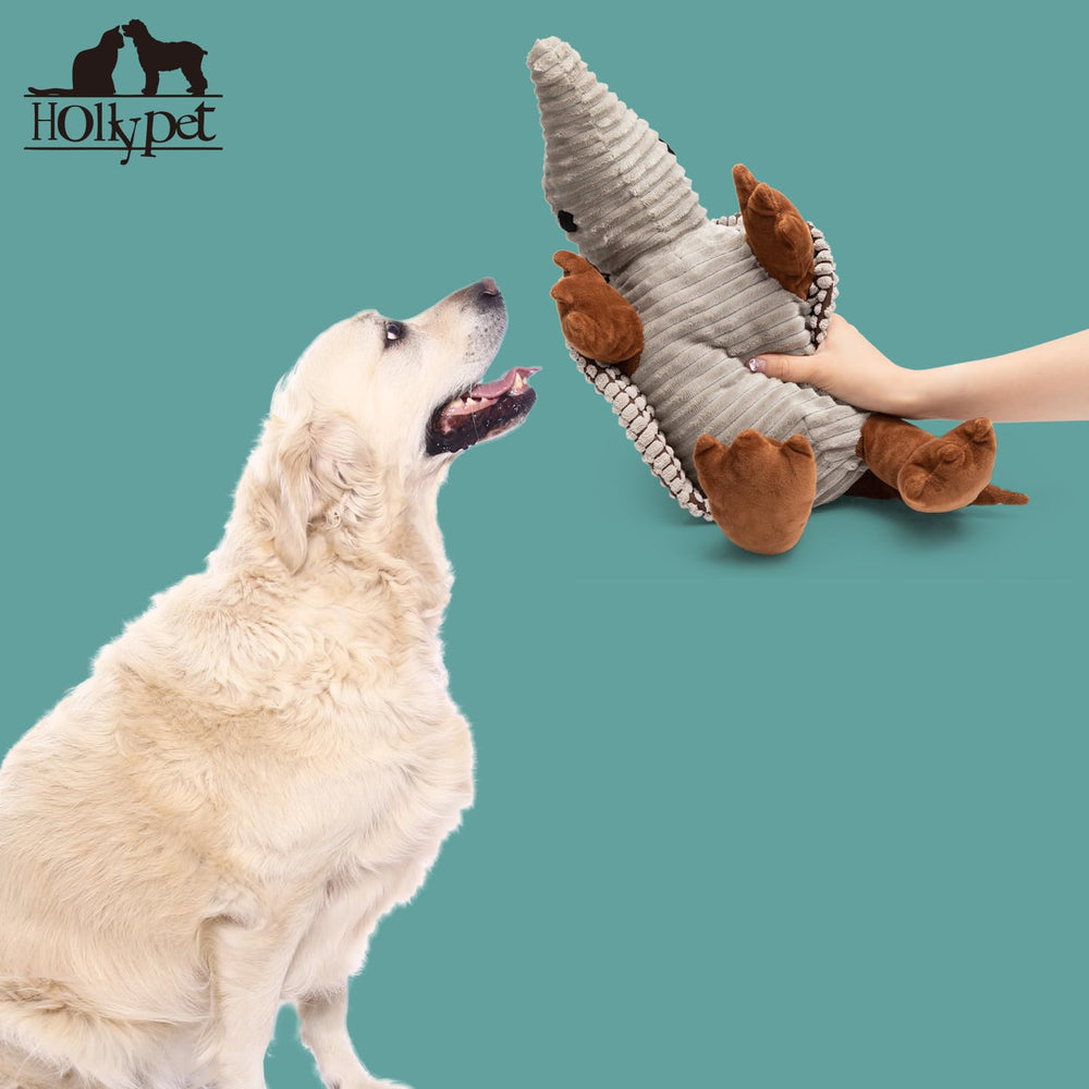 Hollypet Armadillo plush toy dog playing demonstrates bonding, tossing, and retrieving for indoor and outdoor fun.