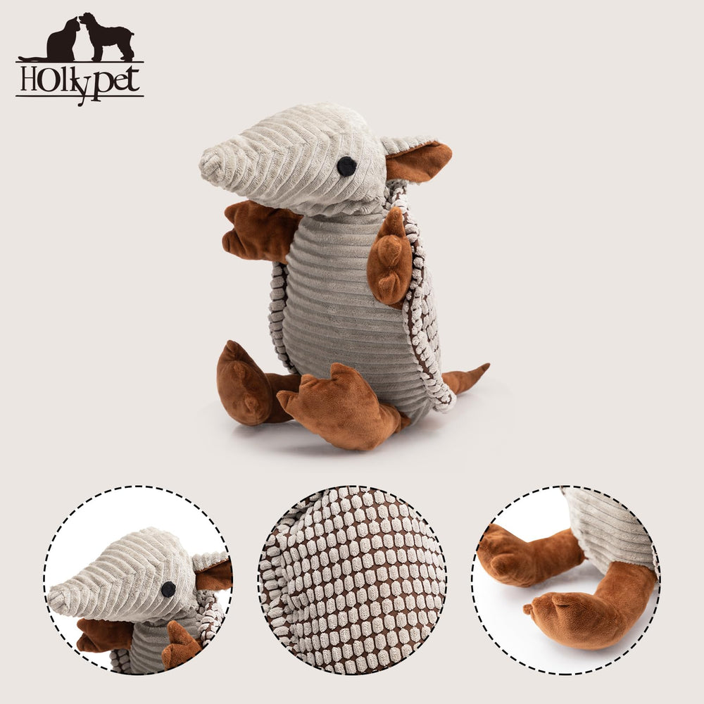 Hollypet Armadillo plush toy squeaker detail emphasizes the unique grunt sound dogs love during play.