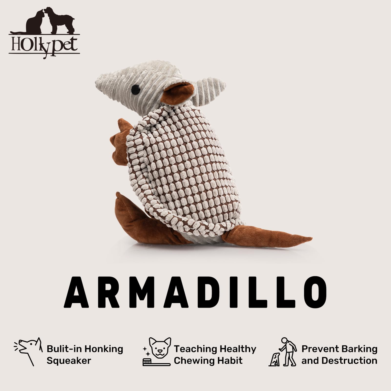 Hollypet Armadillo plush toy textured surface massages gums and supports comforting playtime.
