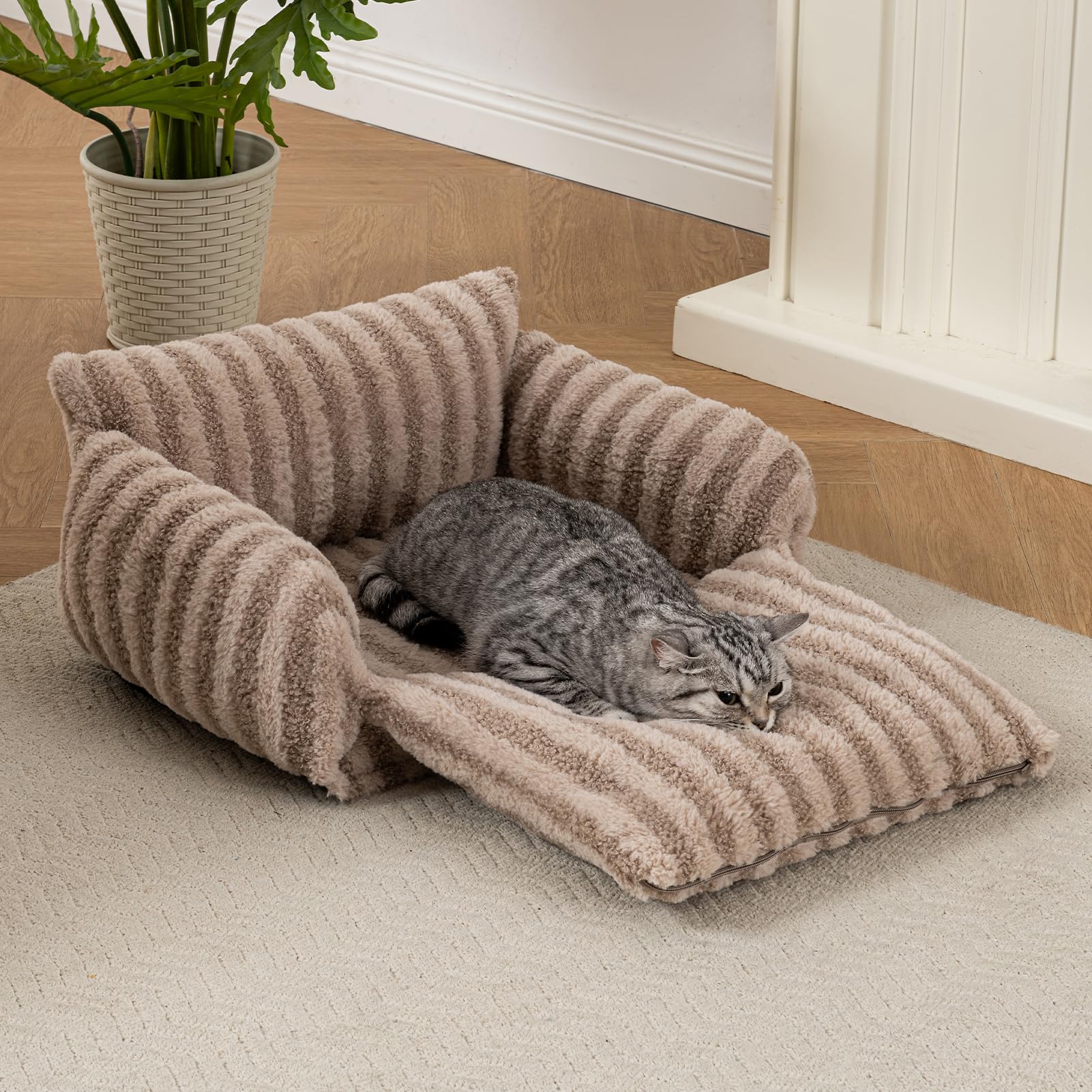 Hollypet cat bed unfolded length display shows generous sleeping area for small animals.
