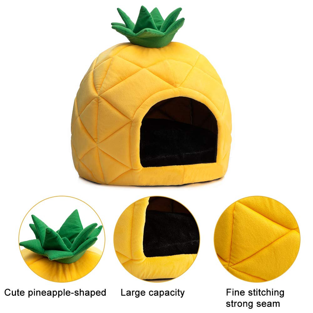 Hollypet Cozy Pineapple Bed yellow fabric highlights cheerful, inviting spot.