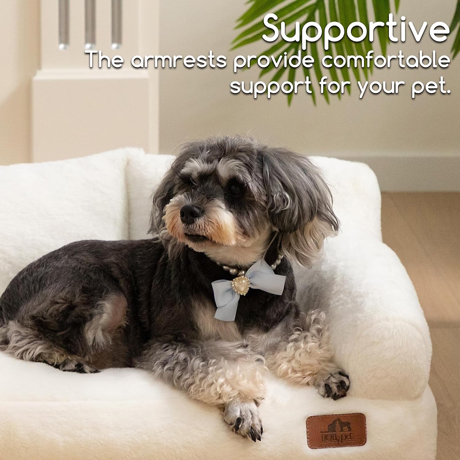Hollypet Fluffy Plush Pet Couch with curling pet enjoying calm rest.