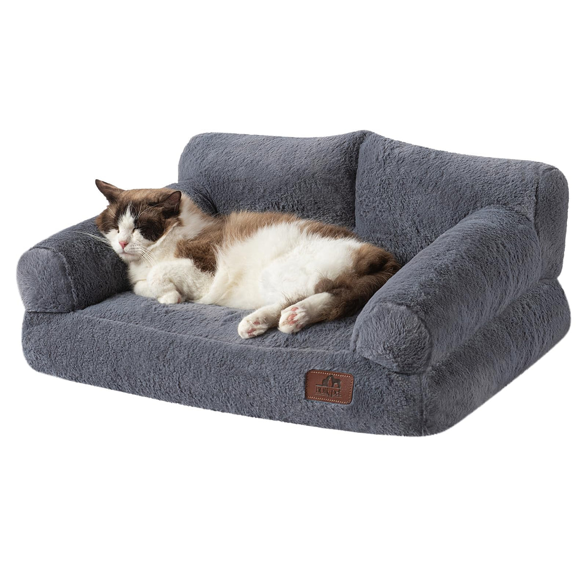 Hollypet Fluffy Plush pet couch in gray provides a cozy lounging spot for small pets.