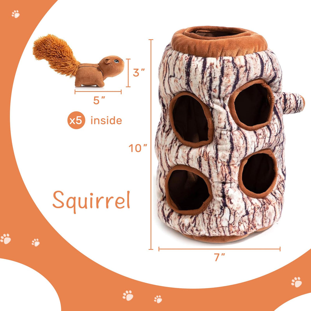 Hollypet interactive puzzle plush dog toy with wood pile offers hide-and-find challenges