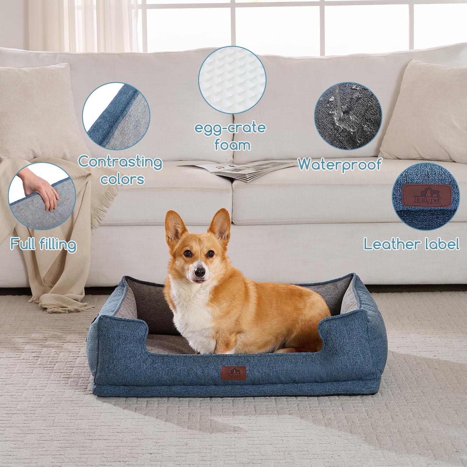 Hollypet-stylish-blue-bed blends with home decor and offers a cozy retreat.
