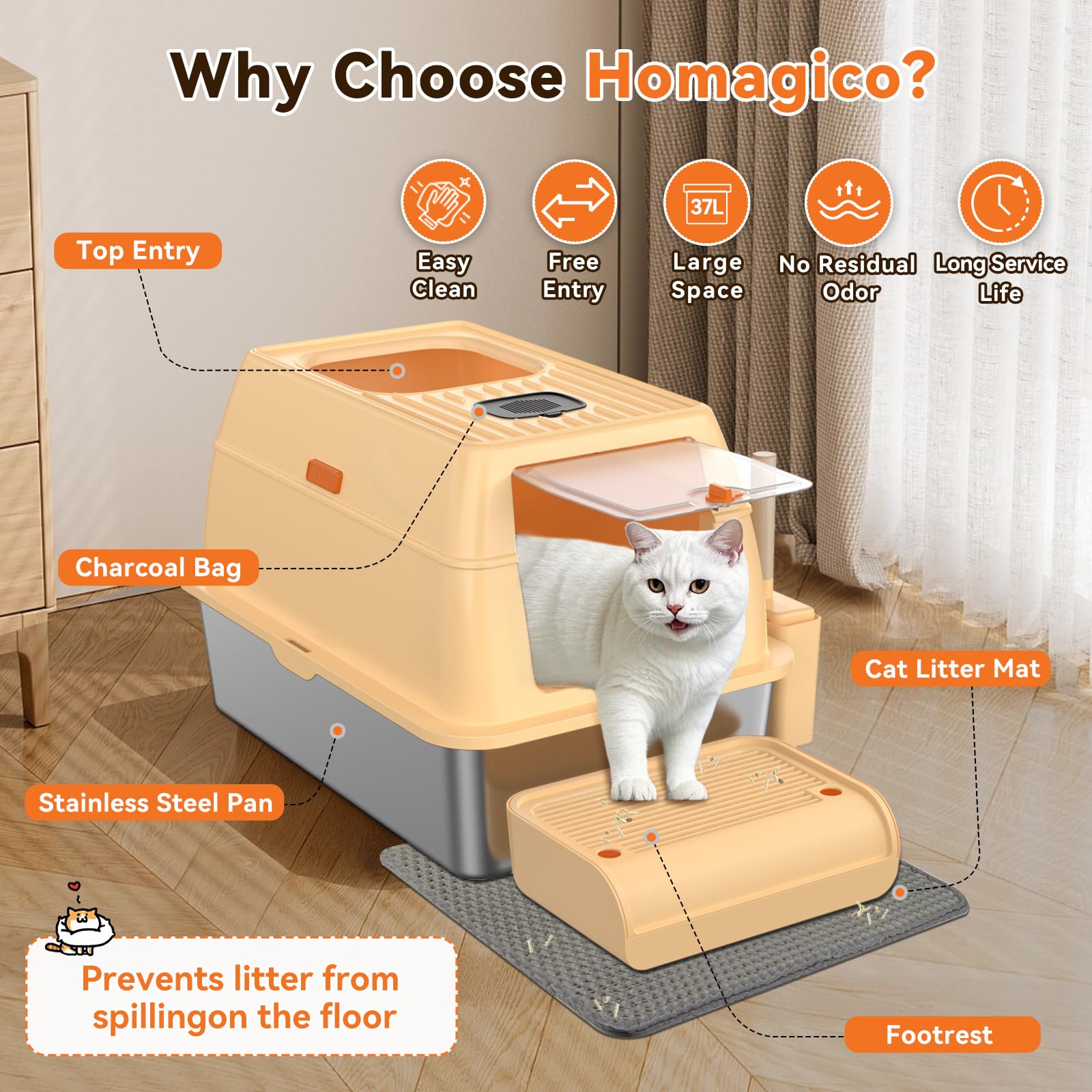 HOMAGICO built-in cat footrest aids gentle entry and reduces litter tracking.