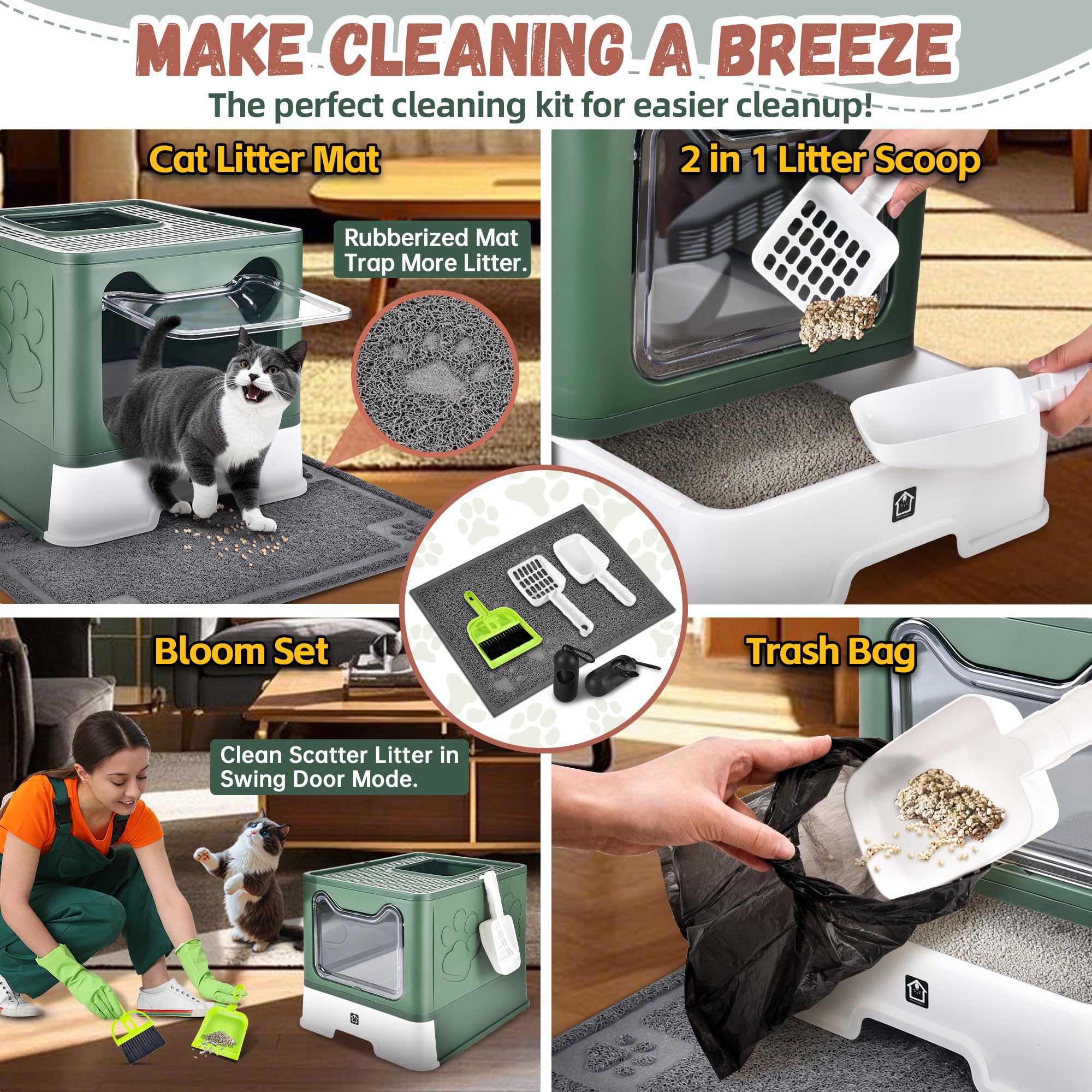 HOMAGICO cat litter box with mat, broom, scoop, and bags for quick cleanup