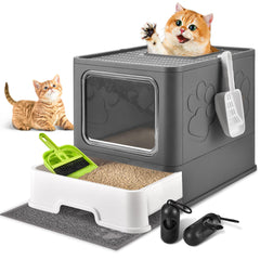 Homagico cat litter box front view with lid offers privacy and odor control for indoor spaces.